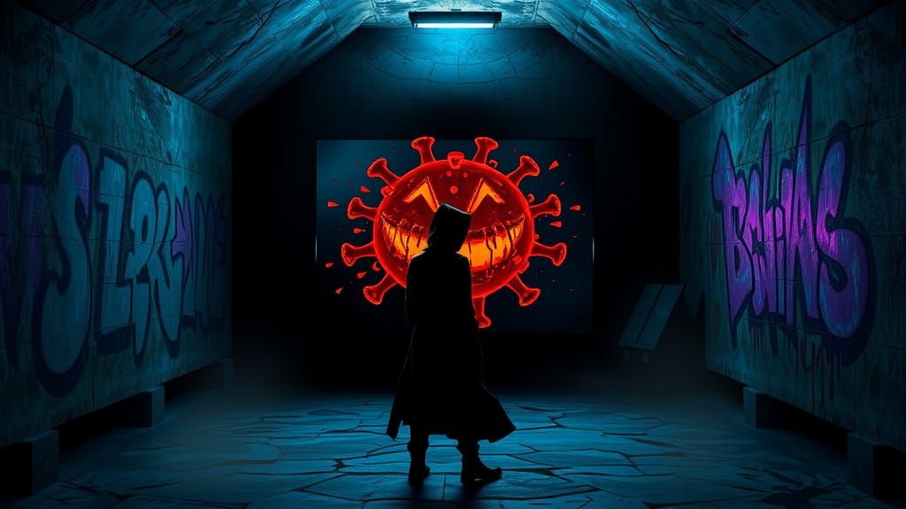 Eerie Virus Smiley Face in Graffiti Room
