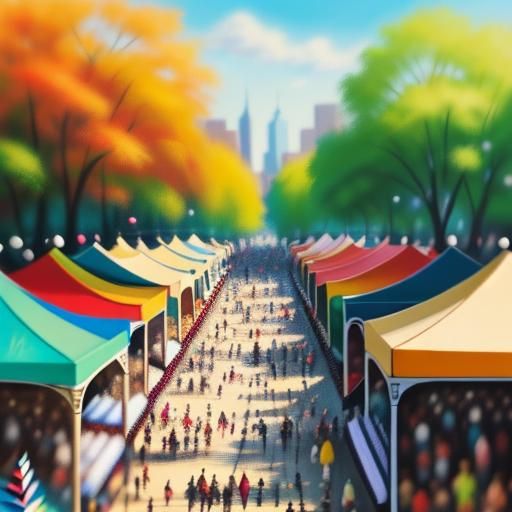 A bustling city park, perhaps during a music festival or str...