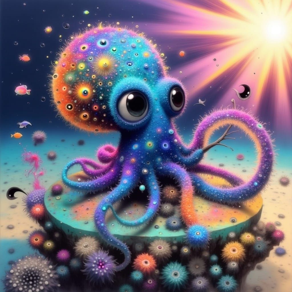 Whimsical Octopus Touches the Sun in Vibrant Coral Reef Scen...