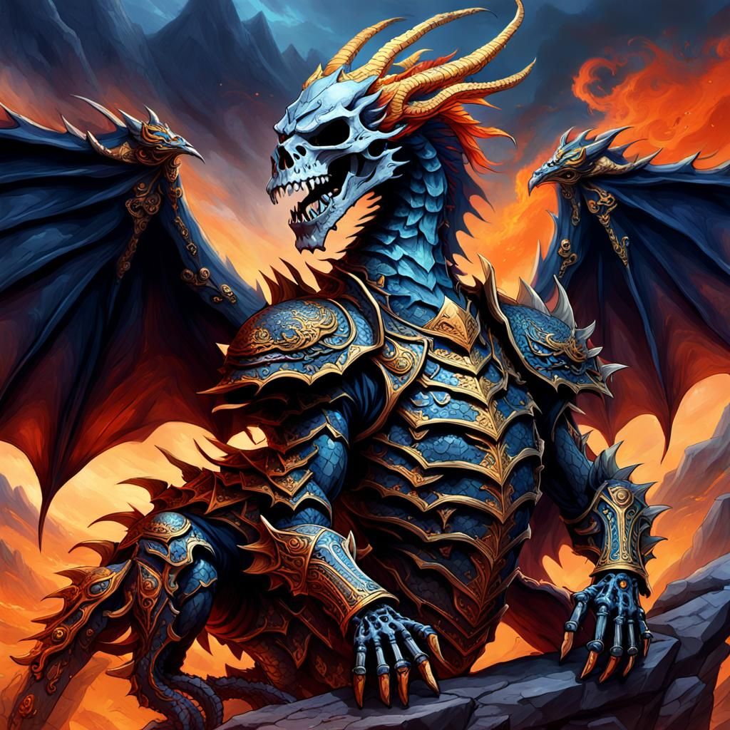 King Skeleton Warrior on Dragon, Fantasy Art