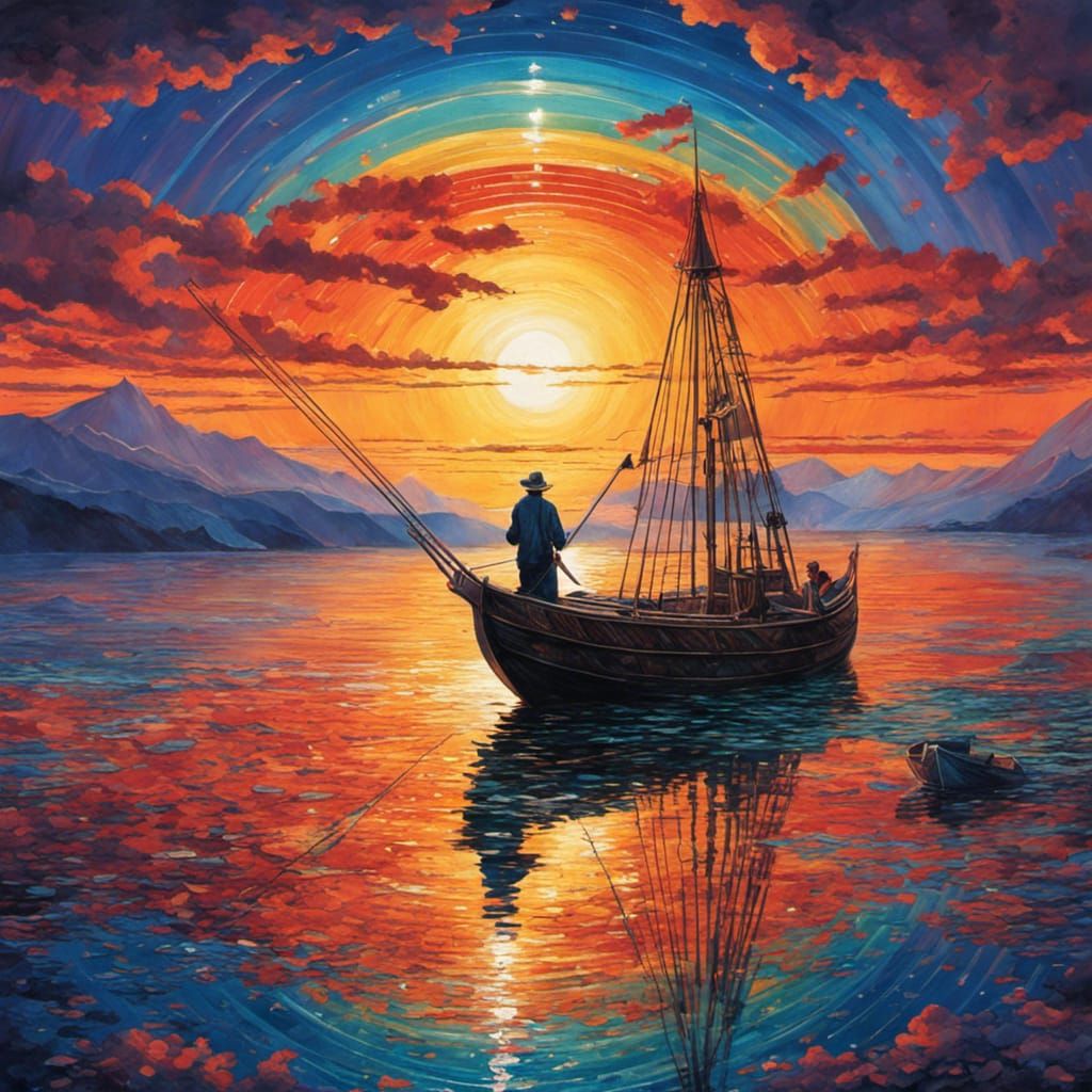 Man Fishing Under Rainbow: Fractal Origami Art