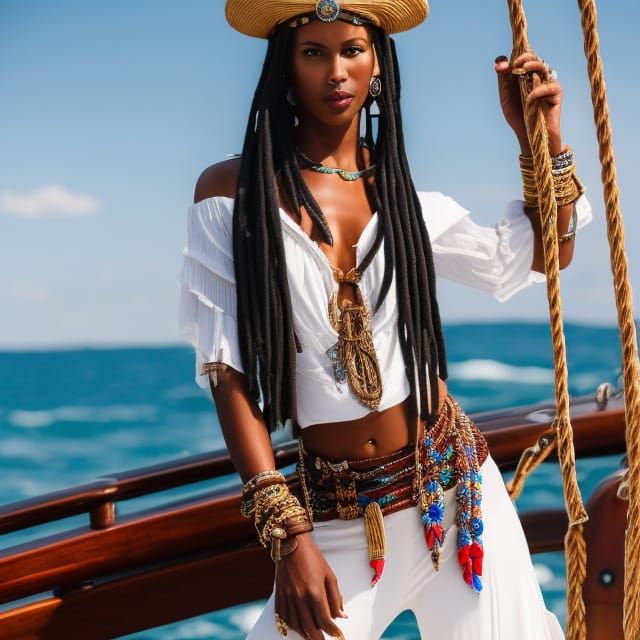 Stunning Pirate Woman on Ship in Art Nouveau Style