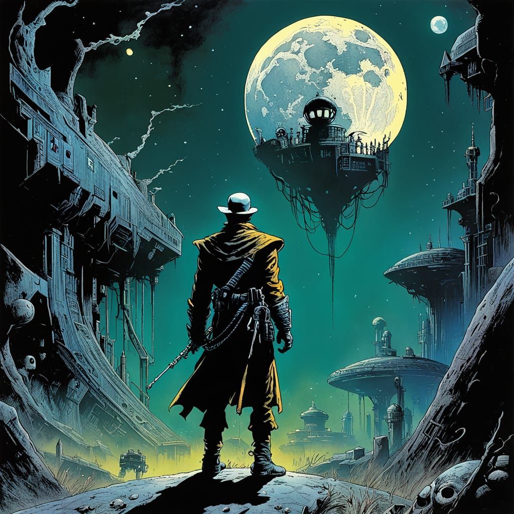 Macabre Moonlit Mystery in Retro Sci-Fi Comicbook Style