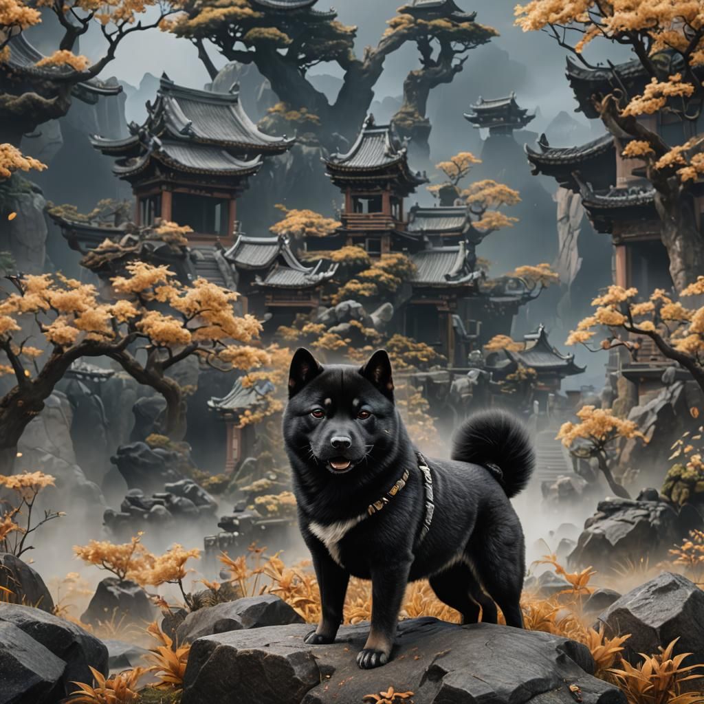 Detailed Matte Painting of a Black Shiba Inu
