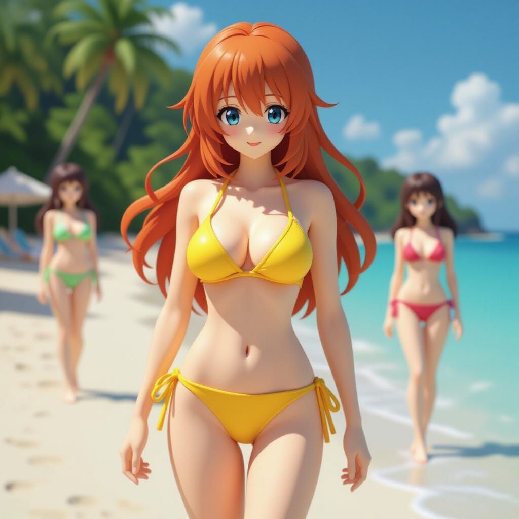 Anime Woman in Yellow Bikini on Beach