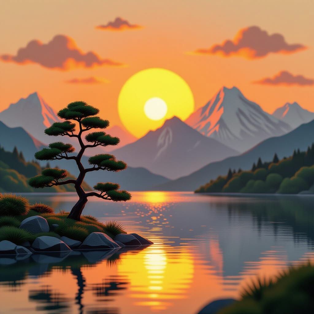 Origami Tree by Lake: Japanese Sunset Mountain Landscape