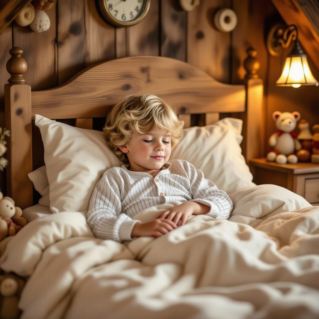 Boy Dreams in Cozy Bed, Whimsical Illustration