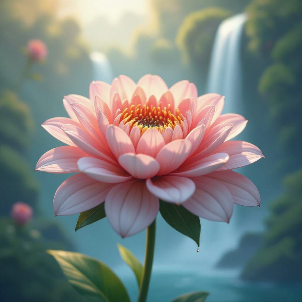 Blooming Flower with Waterfall in Whimsical Style