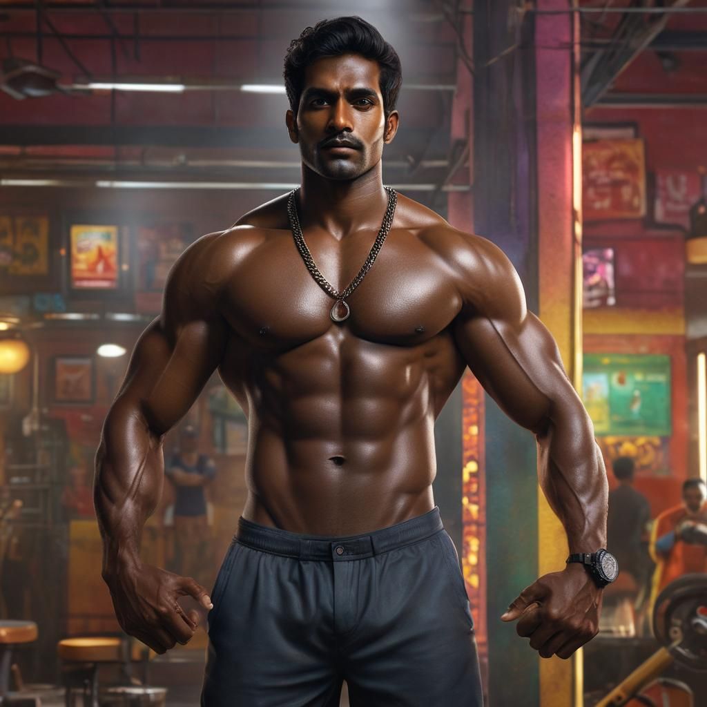 Hyperrealistic Portrait of Muscular Man in Vibrant Bar