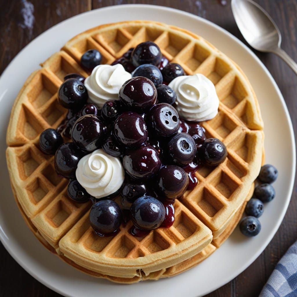 Delicious Waffles with Blueberry Jam and Cream