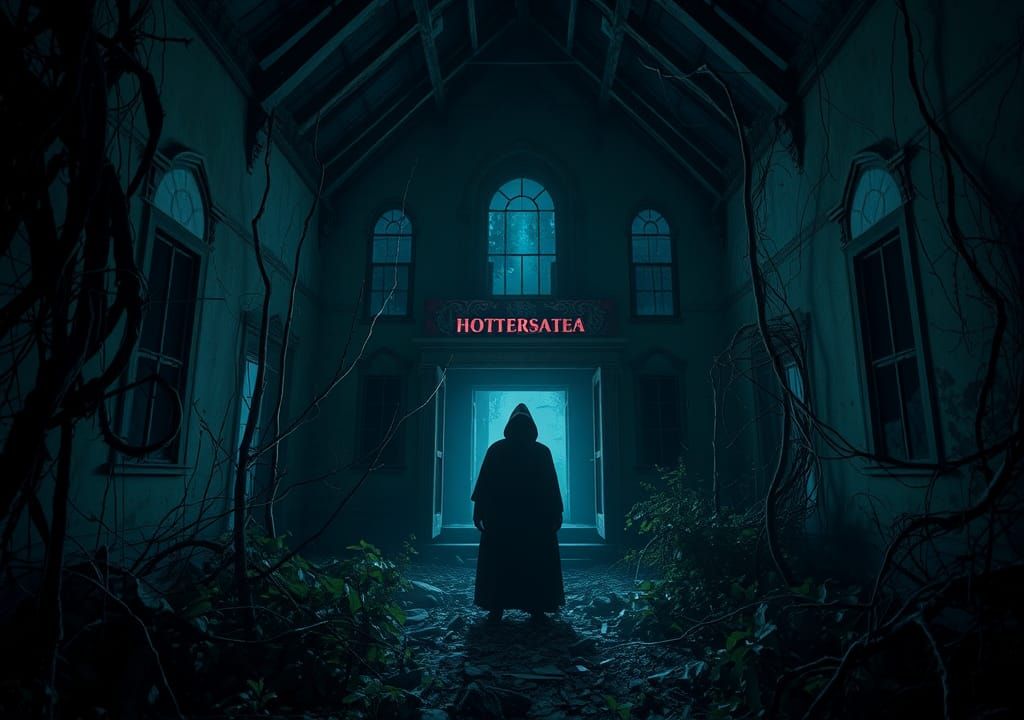 Ominous Silhouette in Abandoned House: Gothic Horror