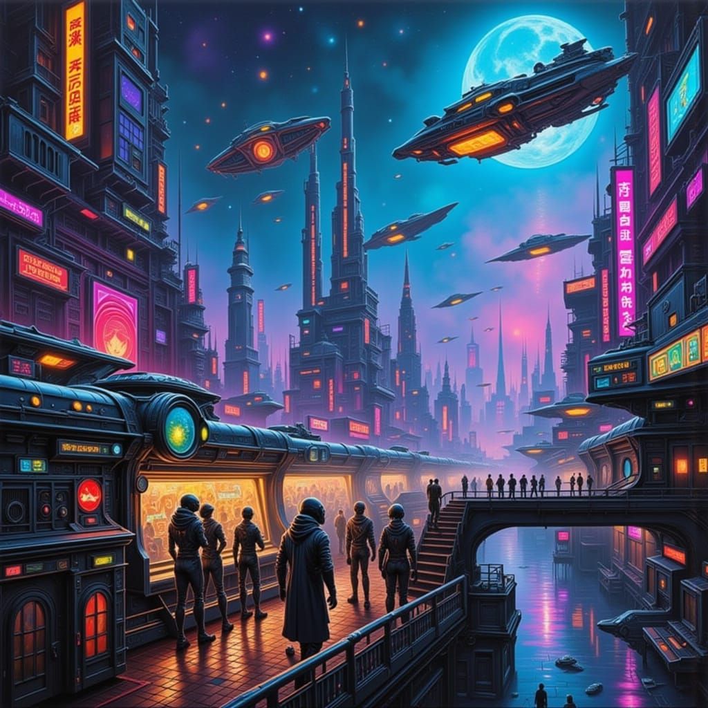 Futuristic Cityscape with Humans and Aliens in Cyberpunk Sty...