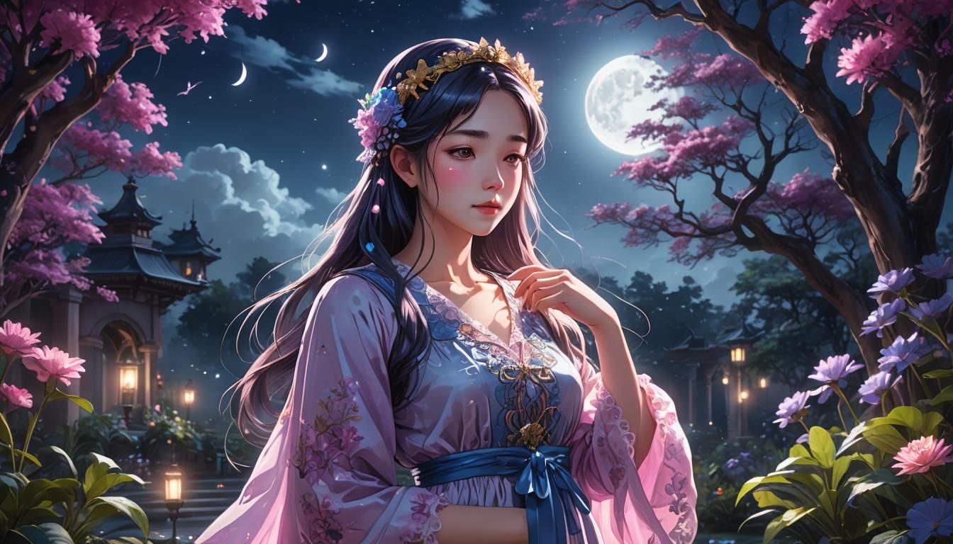 Mystical Anime Girl Portrait in Moonlit Garden