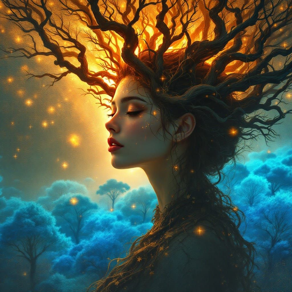 Ethereal Woman Radiates Amber Light amidst Twisting Tree Bra...