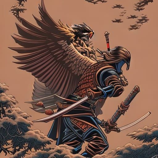 Eagle Samurai in Hokusai Style Comic Art