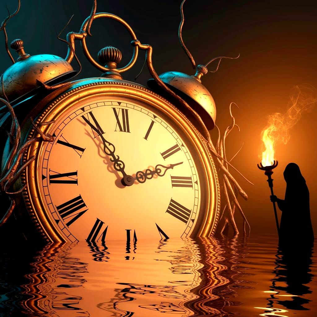 Swamp Clock Ticking Backwards with Figure in Shadow