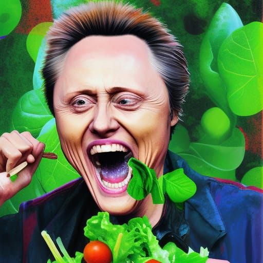 Hyperrealistic Image of Christopher Walken Eating Salad
