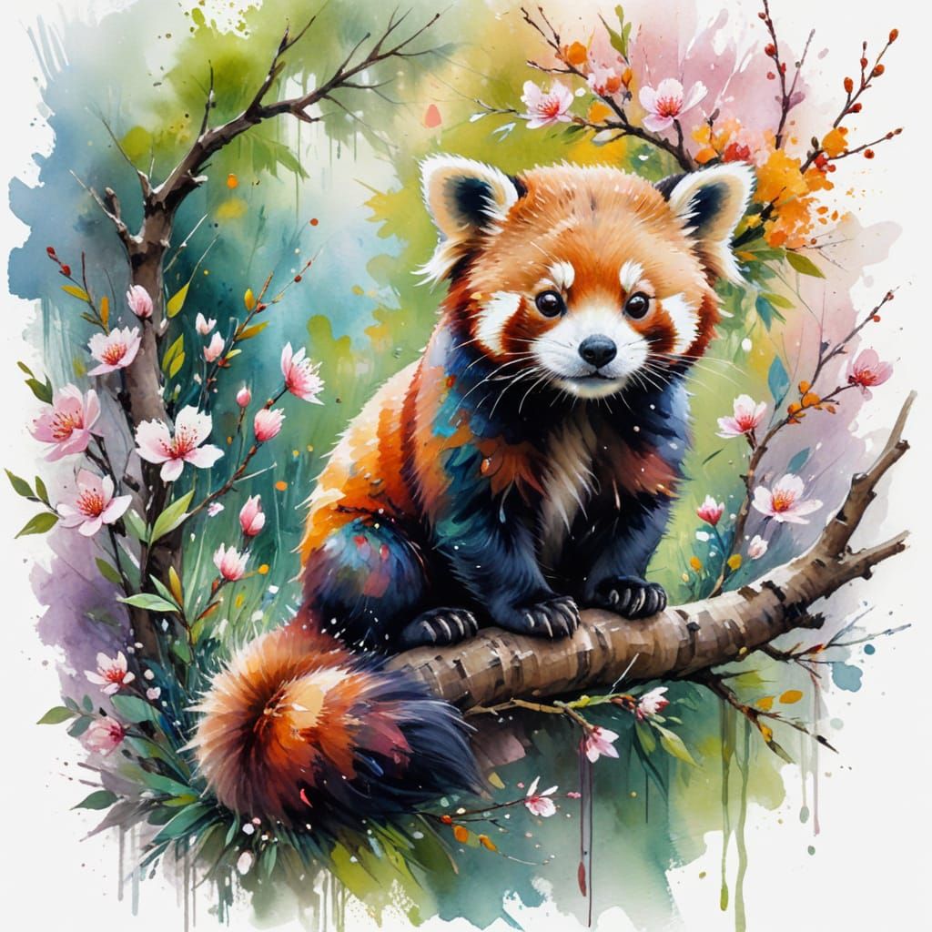 Whimsical Red Panda in Vibrant Cherry Blossom Orchard