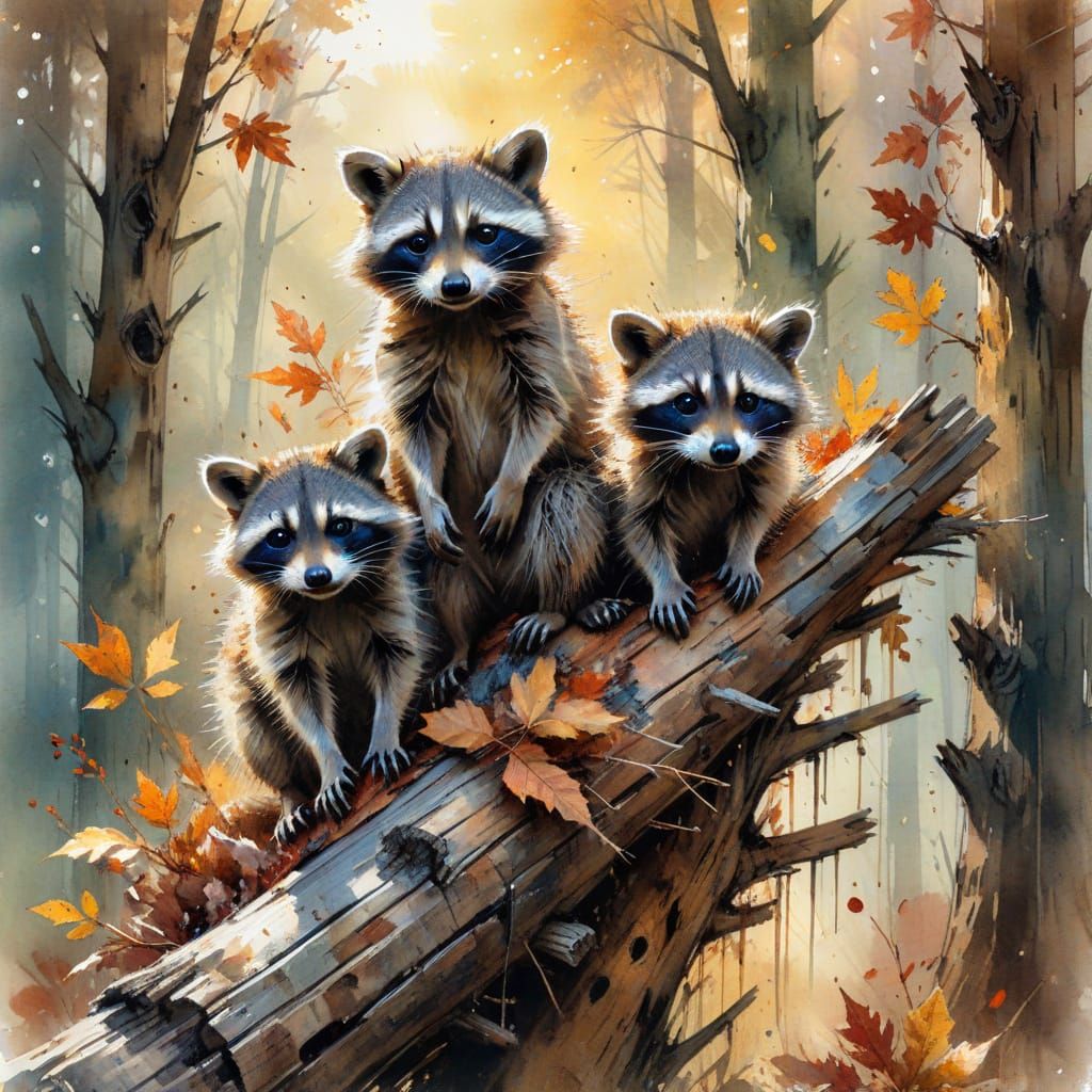 Raccoon Kits Play on Autumn Log in Sunlight