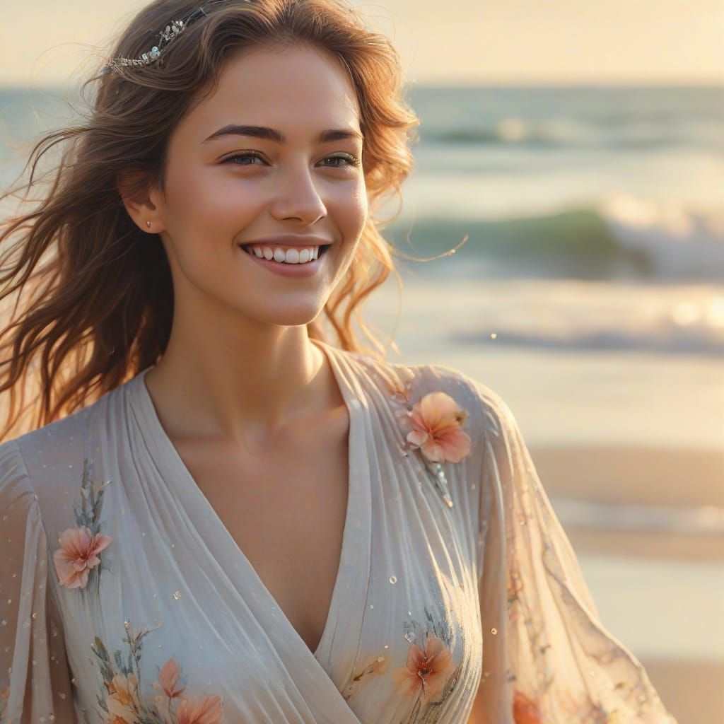 Smiling Woman on Beach in Watercolor Style
