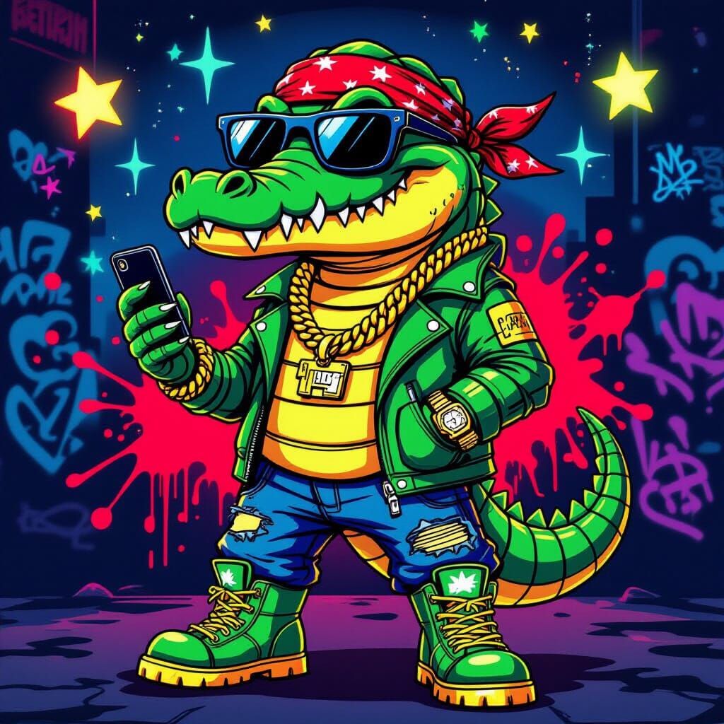 Hip Hop Alligator Character in Streetwear with Neon Boots