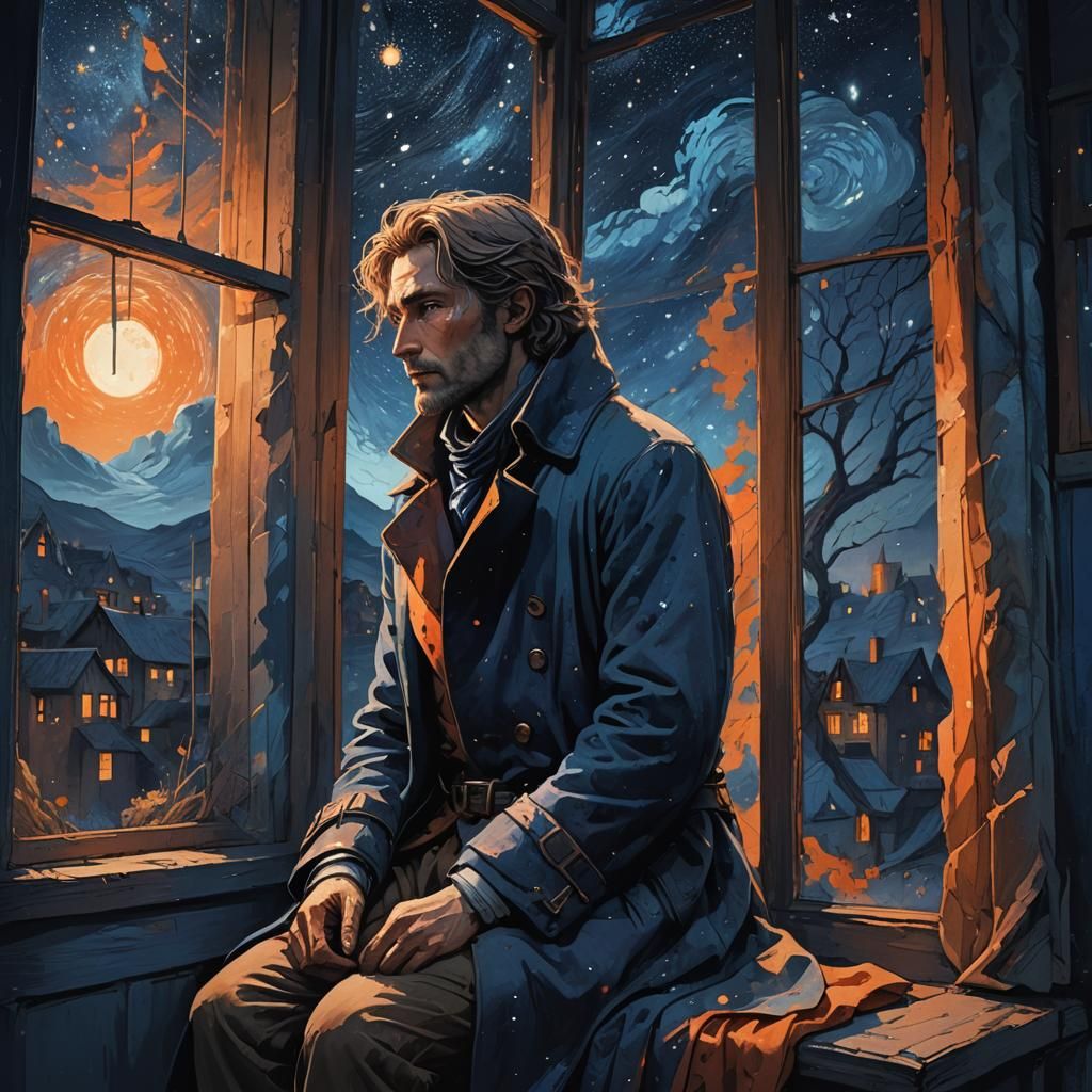 Melancholic Figure Gazing at Alien Starry Sky