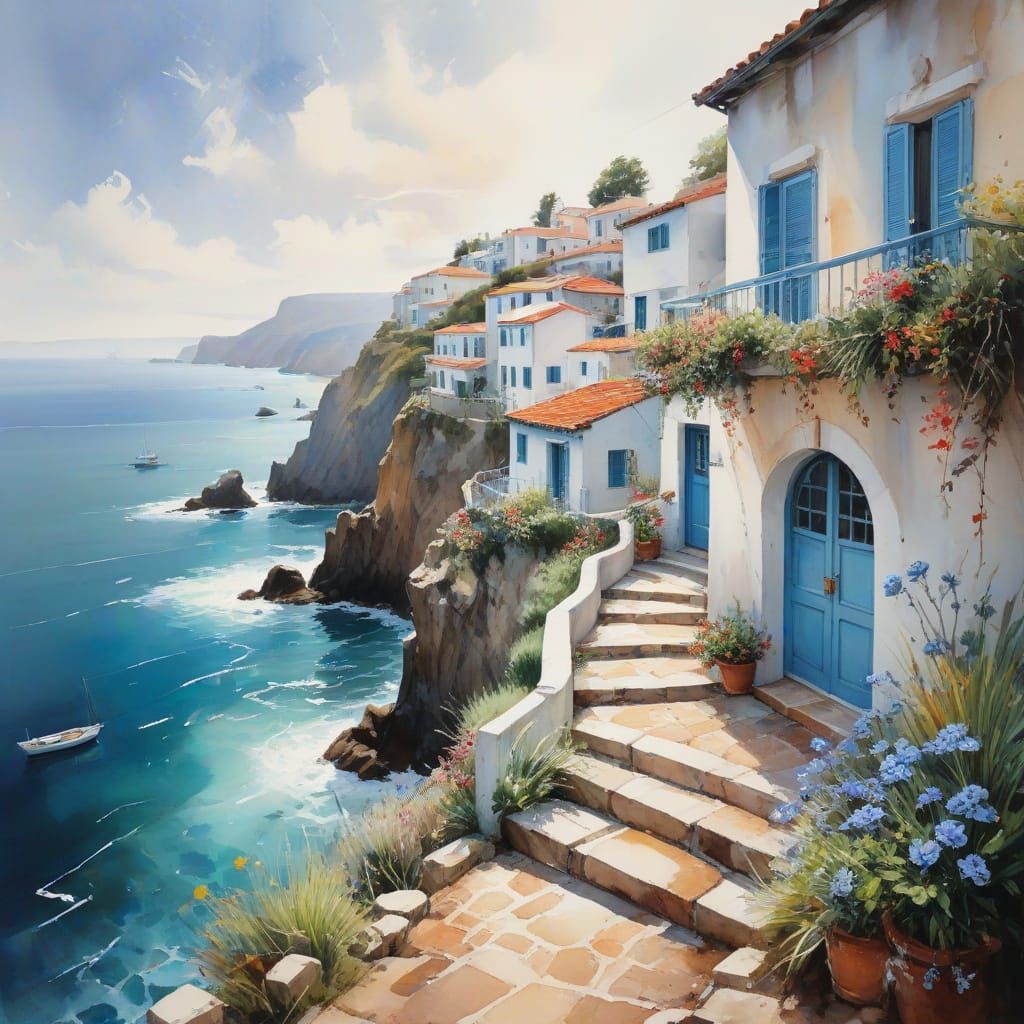 Mediterranean Cobblestone Path in Watercolour Style