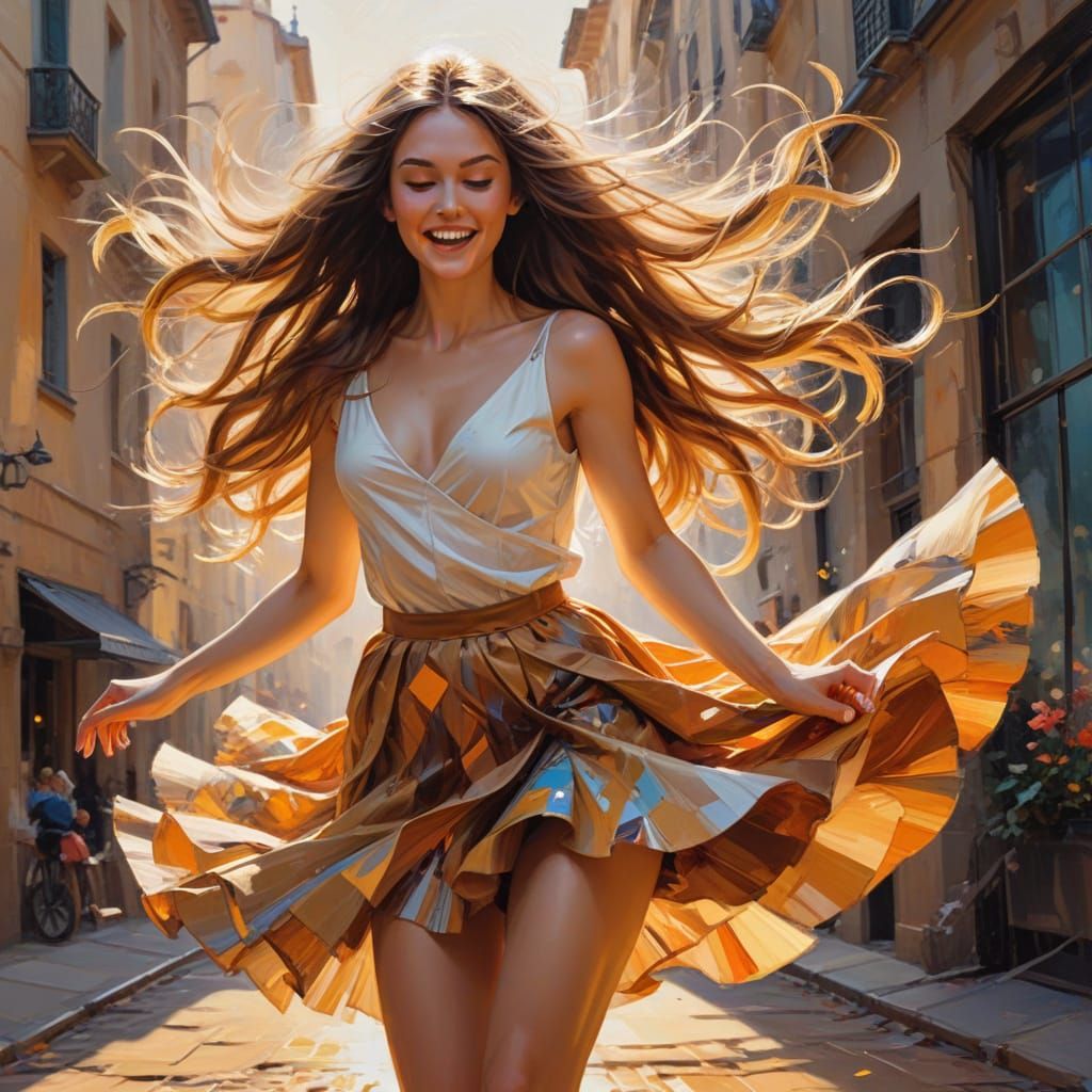 Joyful Dancer in Short Skirt with Flowing Hair