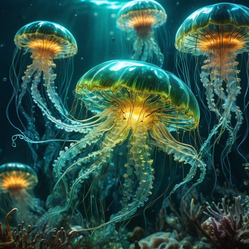 Surreal Underwater Scene with Glowing Glass Lemur and Jellyf...