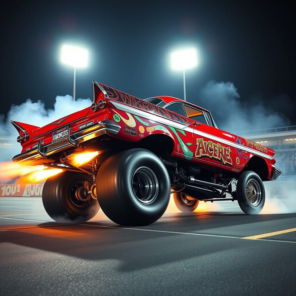 Cyberpunk 1958 Plymouth Fury Pro-Mod Dragster Performs Wheel...