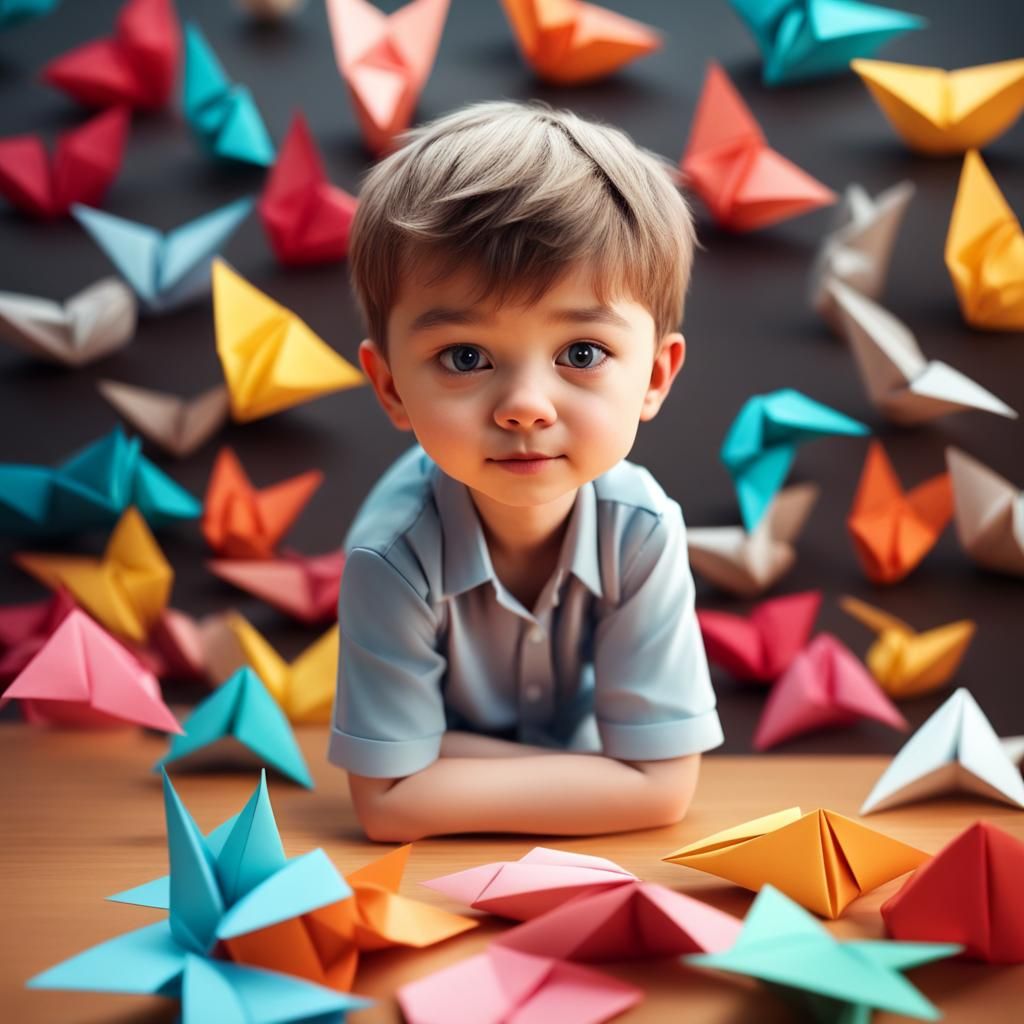 Sweet Boy with Origami Papercraft Background