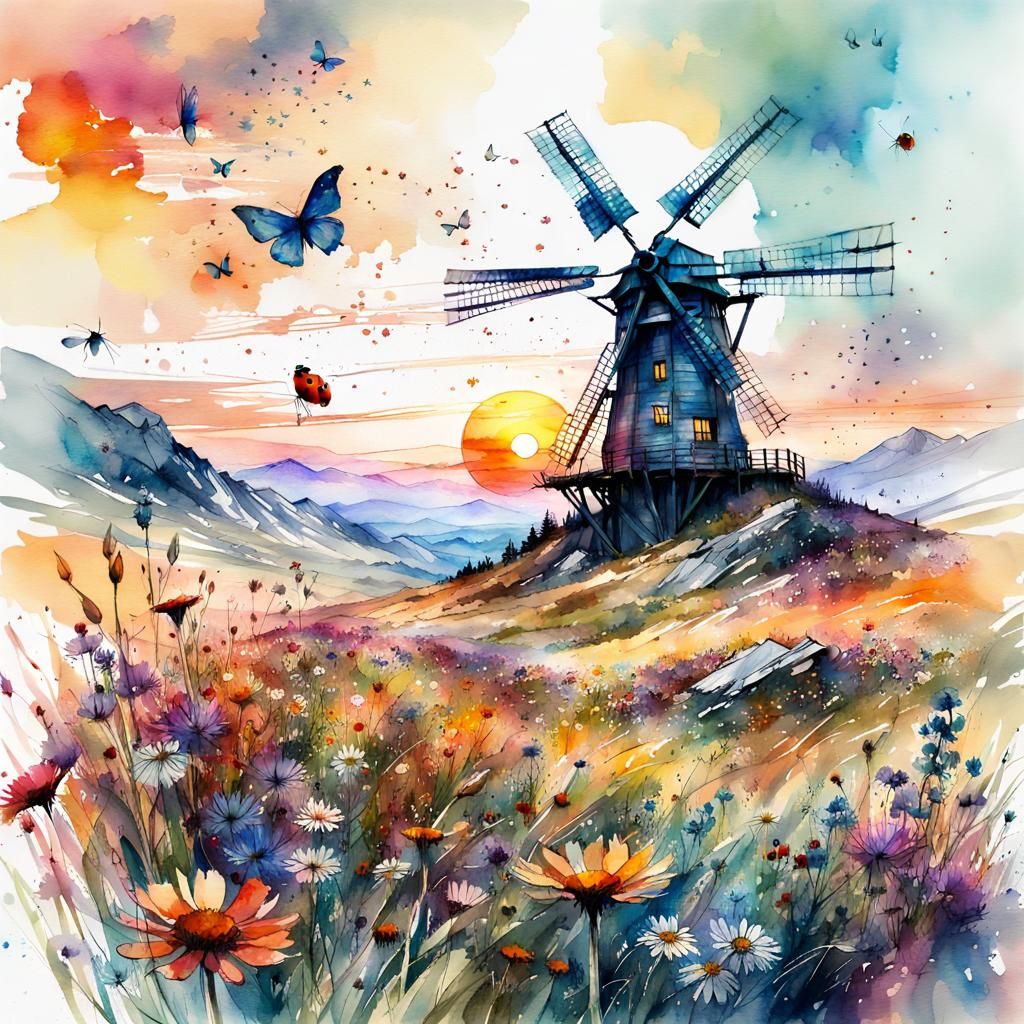 Fantasy Meadow Windmill in Watercolor Style