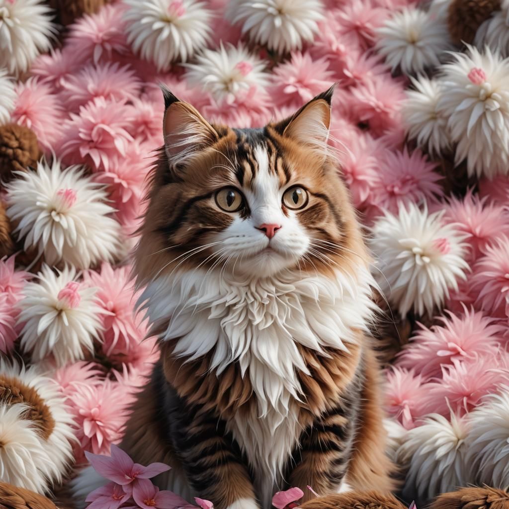 Fluffy Brown and White Cat in Detailed Digital Art