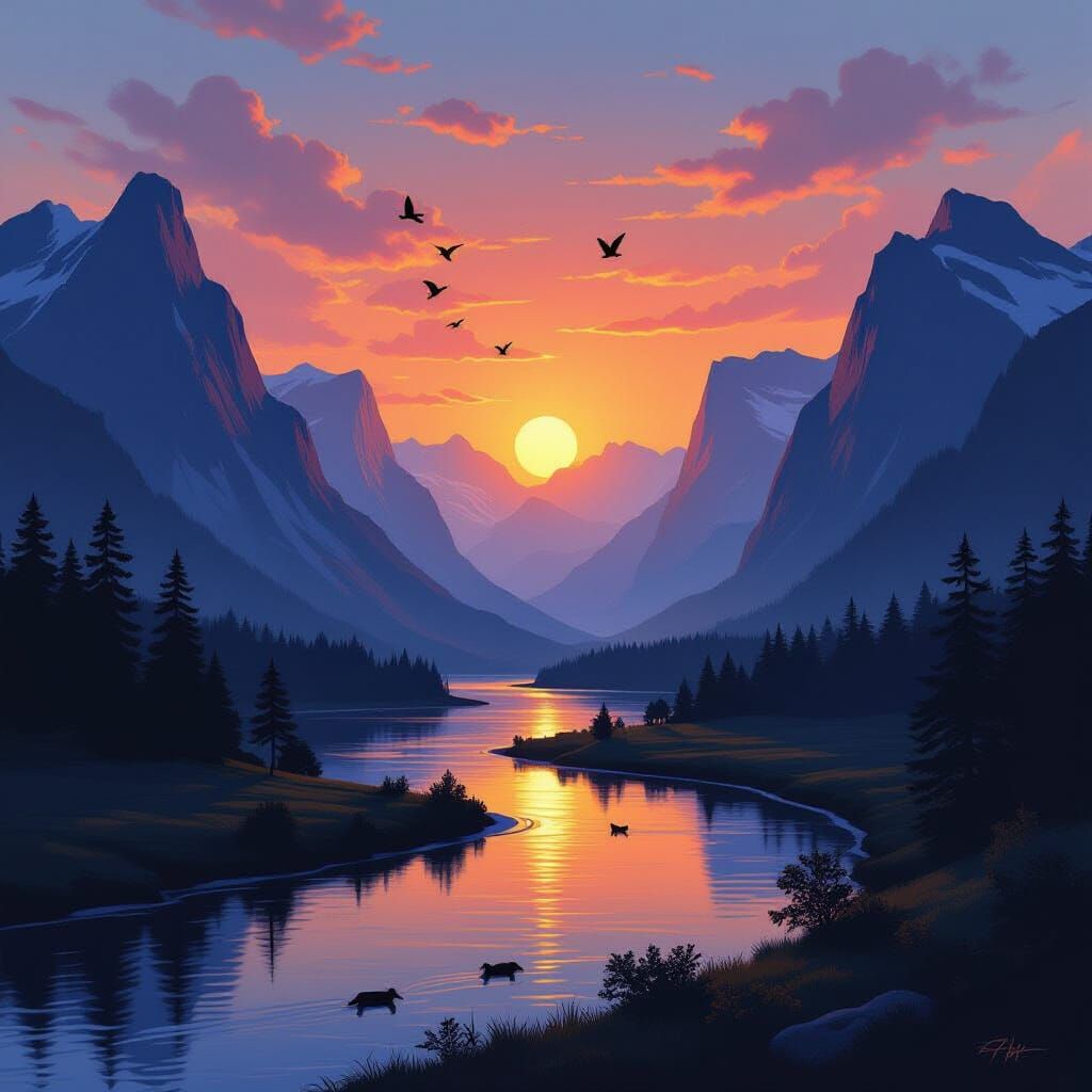 Epic Mountain Cove at Sunset Oil Painting