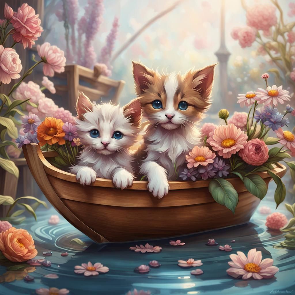 Two kittens in a boat