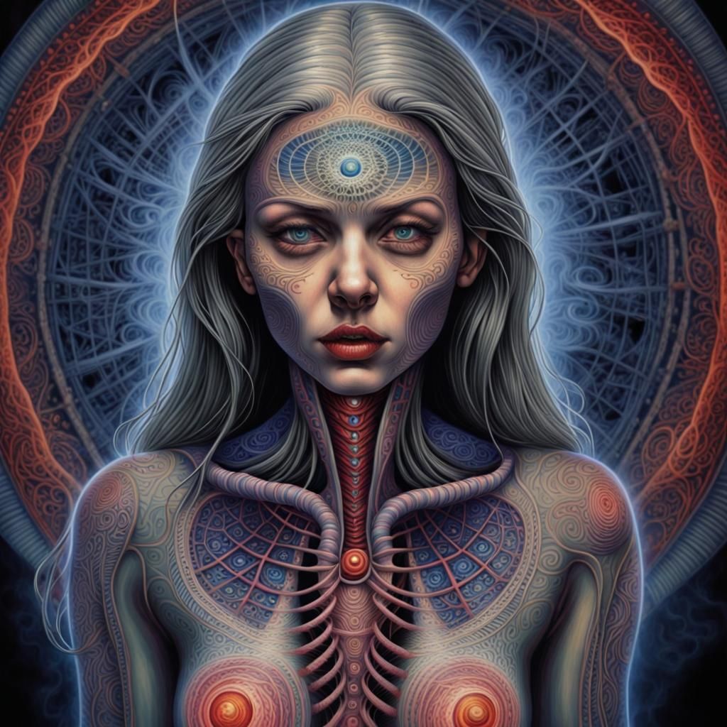 Haunting Woman with Trapped Souls and Ink Spirals