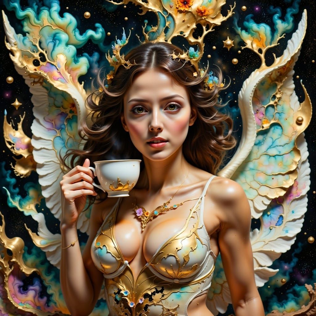 Angel Drinking Coffee in Hyperkraximalismus Style