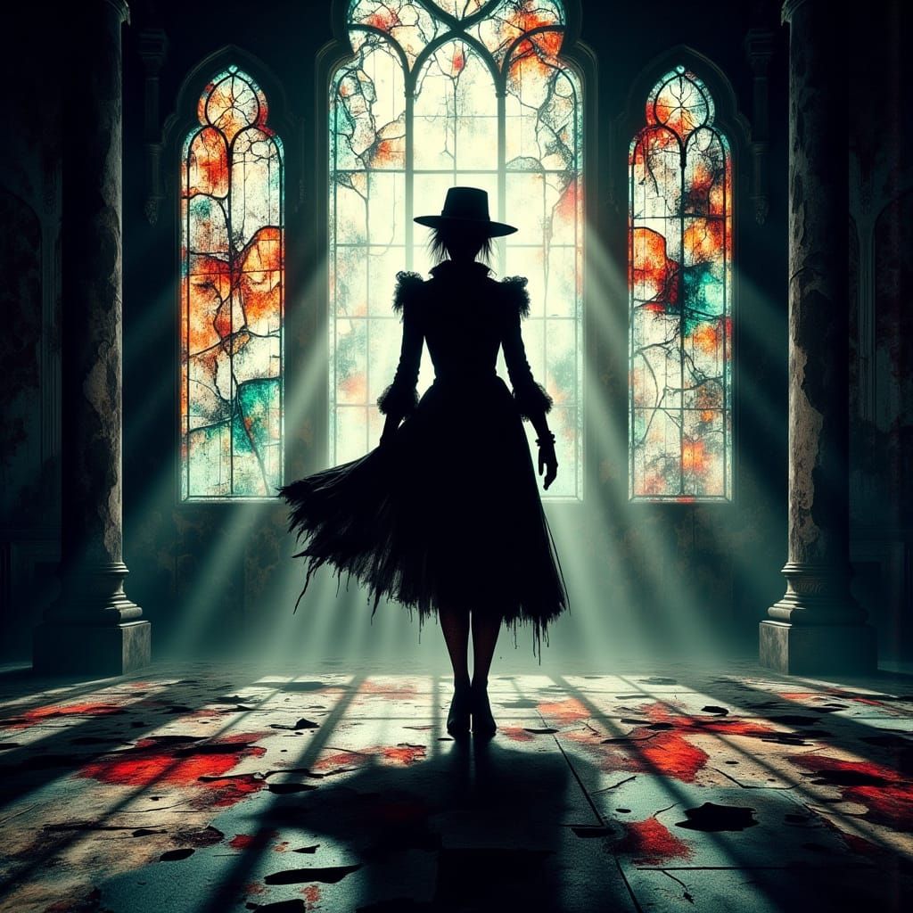 Figure Silhouetted Against Shattered Stained Glass