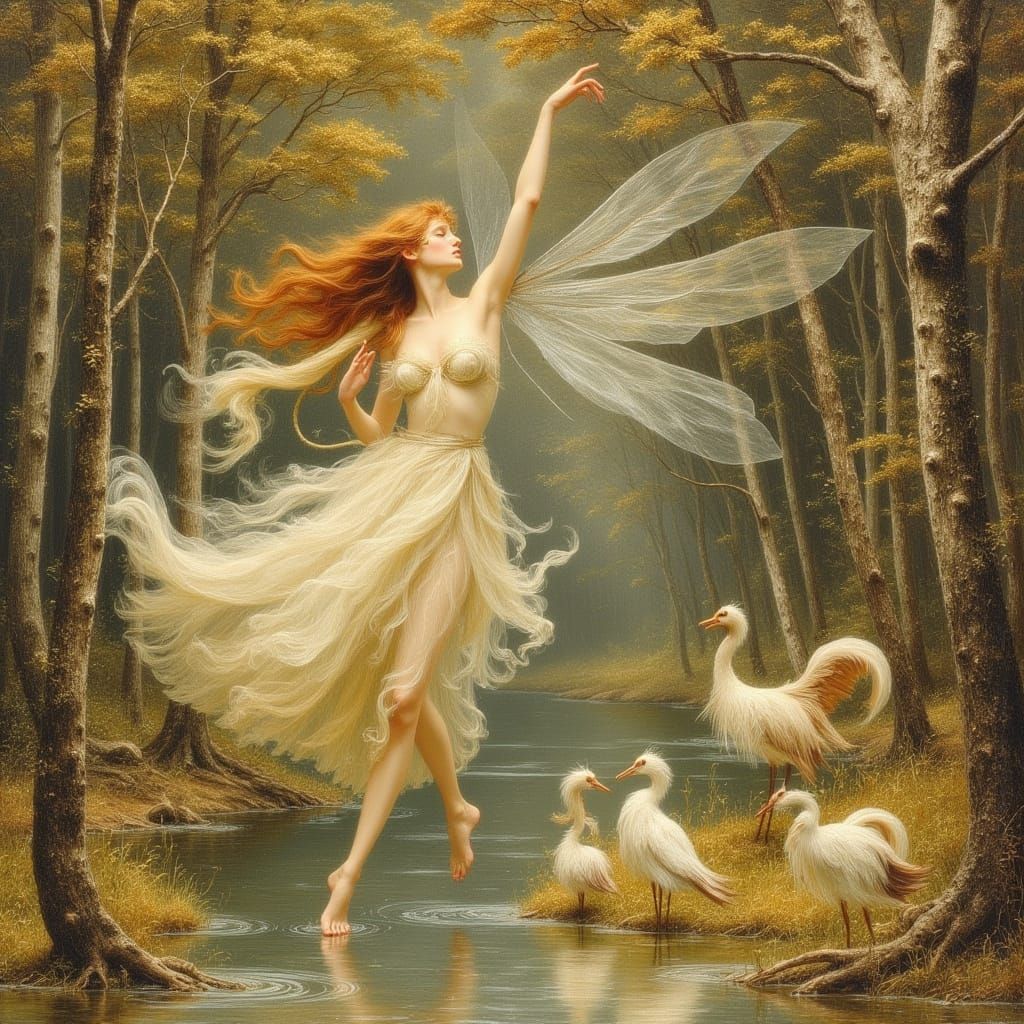 Fairies Dancing in Enchanted Forest, John Bauer Style