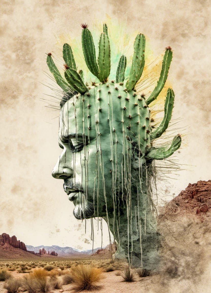 Cactus Head in Desert Double Exposure Art