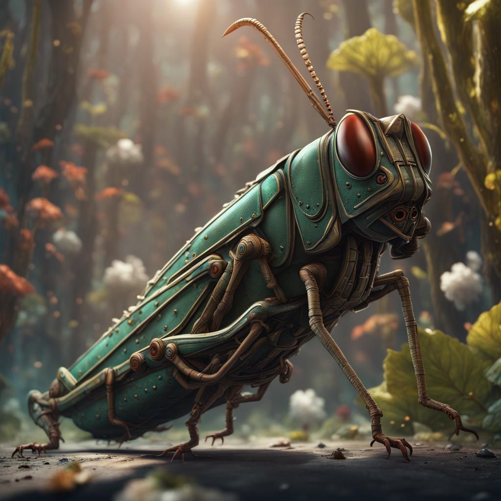 Fantastical Grasshopper with Shoes: Detailed Matte Painting