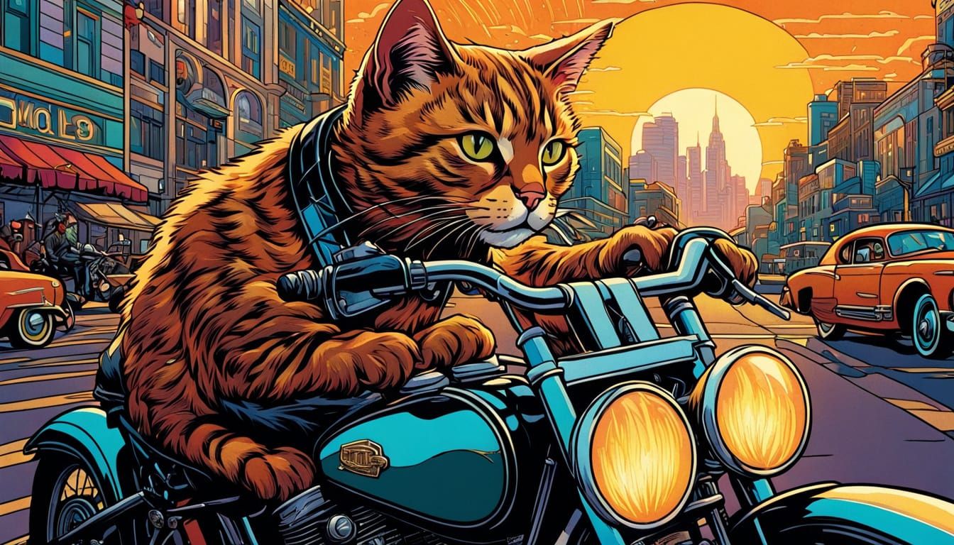 Art Deco Cat Rides a Vintage Motorcycle