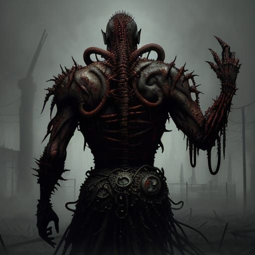 Dark Fantasy Prison Warden Trapped in Rusted Iron Cage