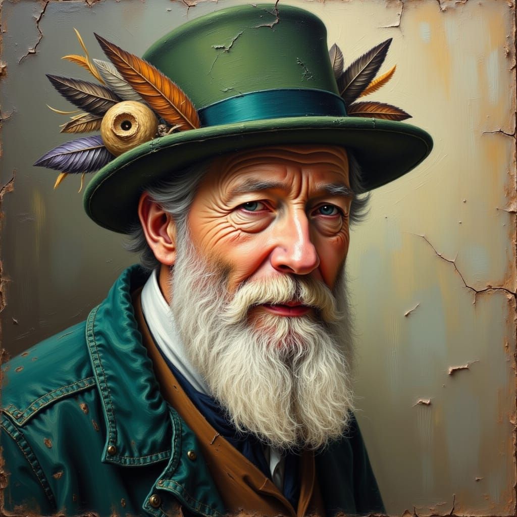 Old man wearing a green velvet hat with feathers, oil, crack...