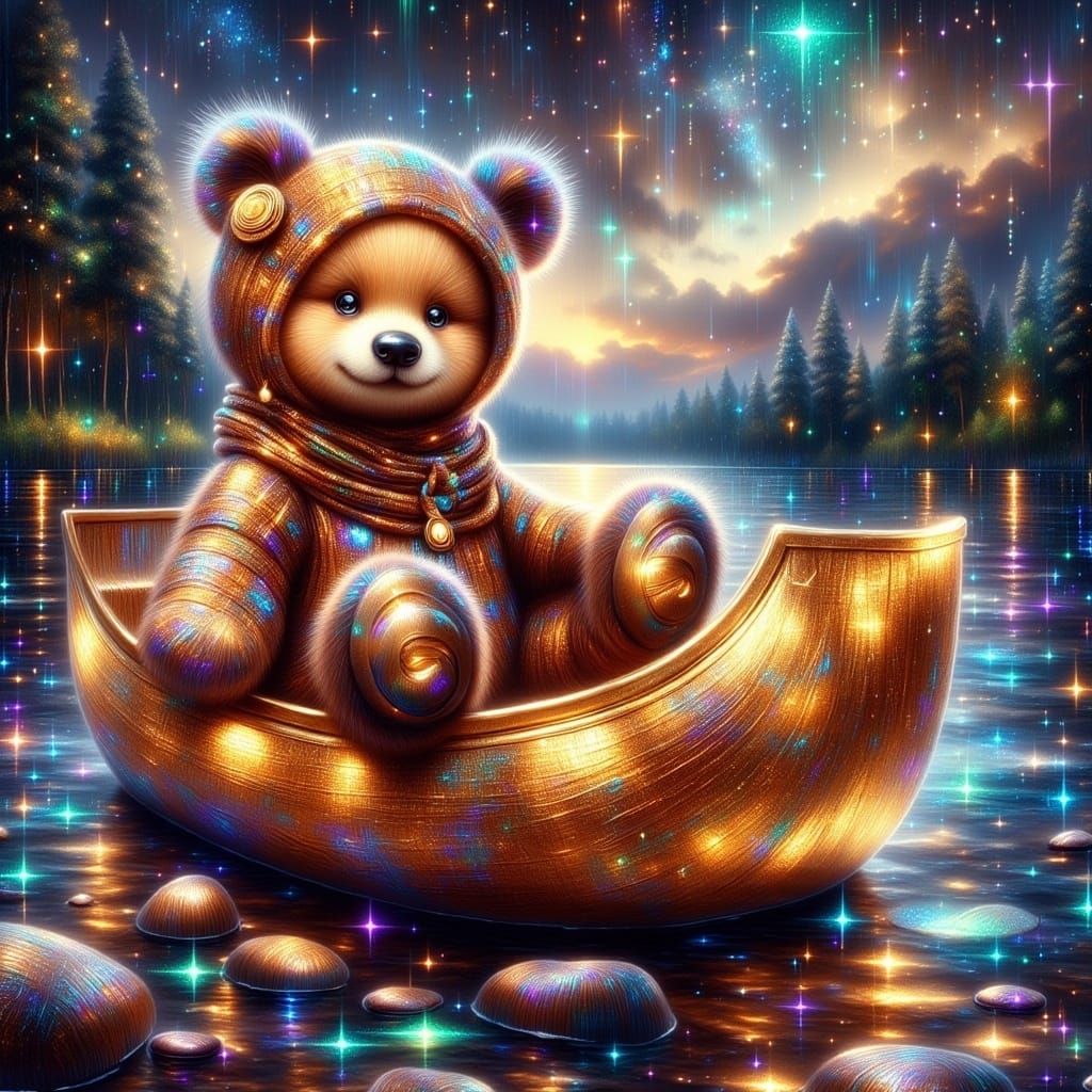 Glowing Fantasy Book Cover with Brown Bear and Sparkly River