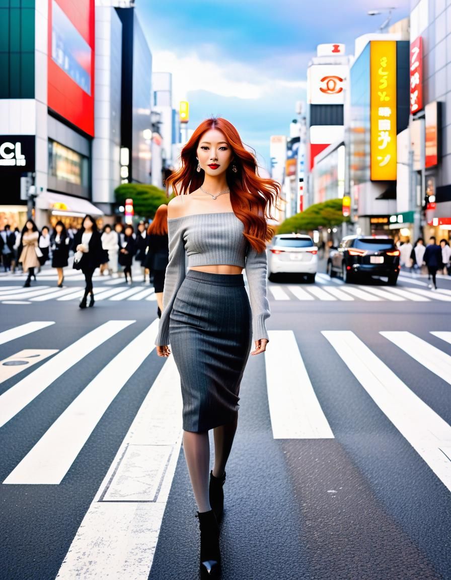 Japanese Woman in Shibuya: Watercolor Illustration