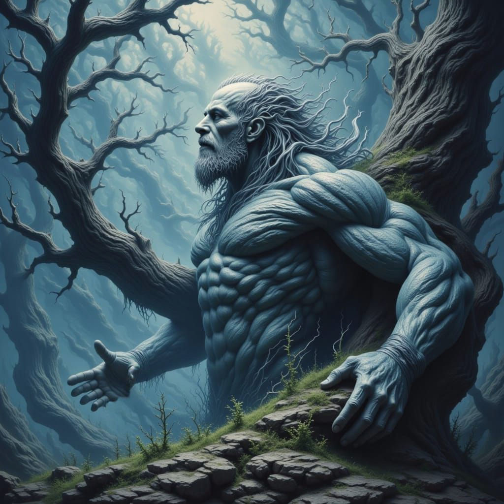 Storm Giant with Tree in Painterly Acrylic Style