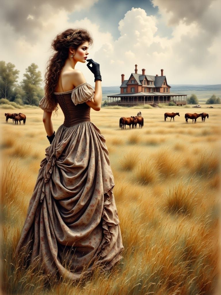 Woman's Shock at Victorian Ranch, Antique Watercolor Style