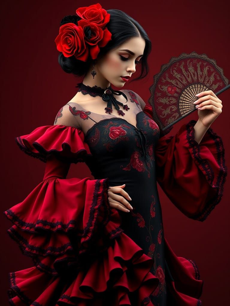 Spanish Rose Flamenco Dancer in Dramatic Red and Black