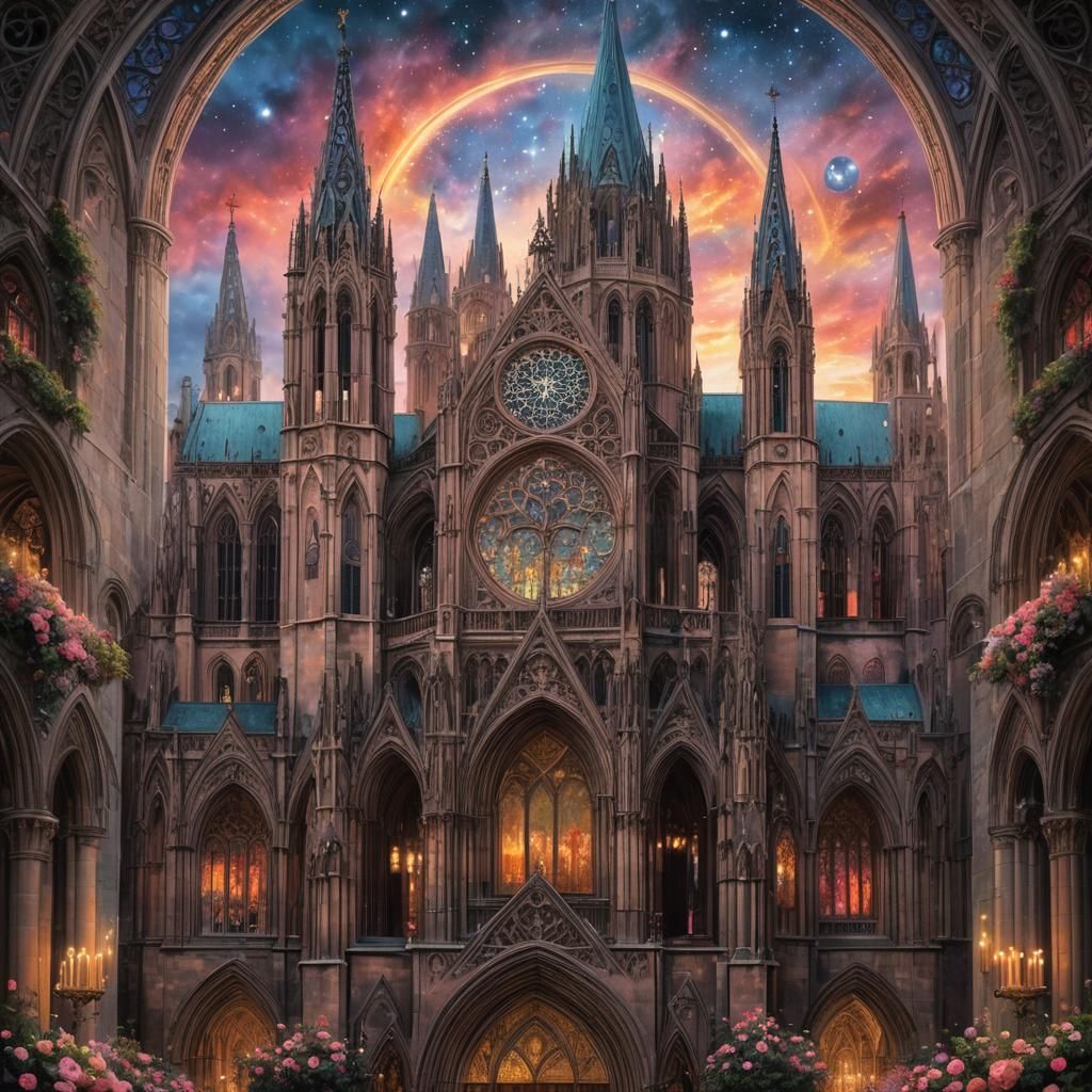 Gothic Cathedral Under Cosmic Sky in Pastel Hues